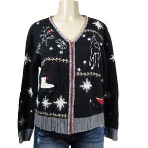 CHRISTMAS XMAS HOLIDAY SKATES REINDEER SNOWFLAKES WINTER SCENE SWEATER  ZIP L